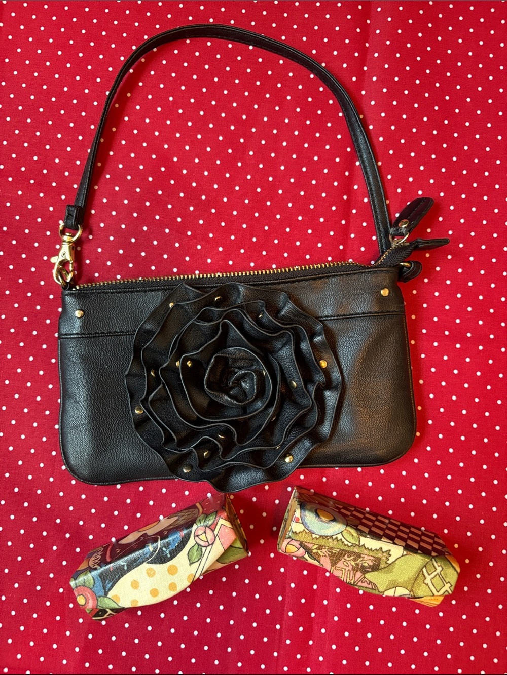 Mary Engelbreit Lipstick Cases and Black Floral Applique Wristlet Bag
